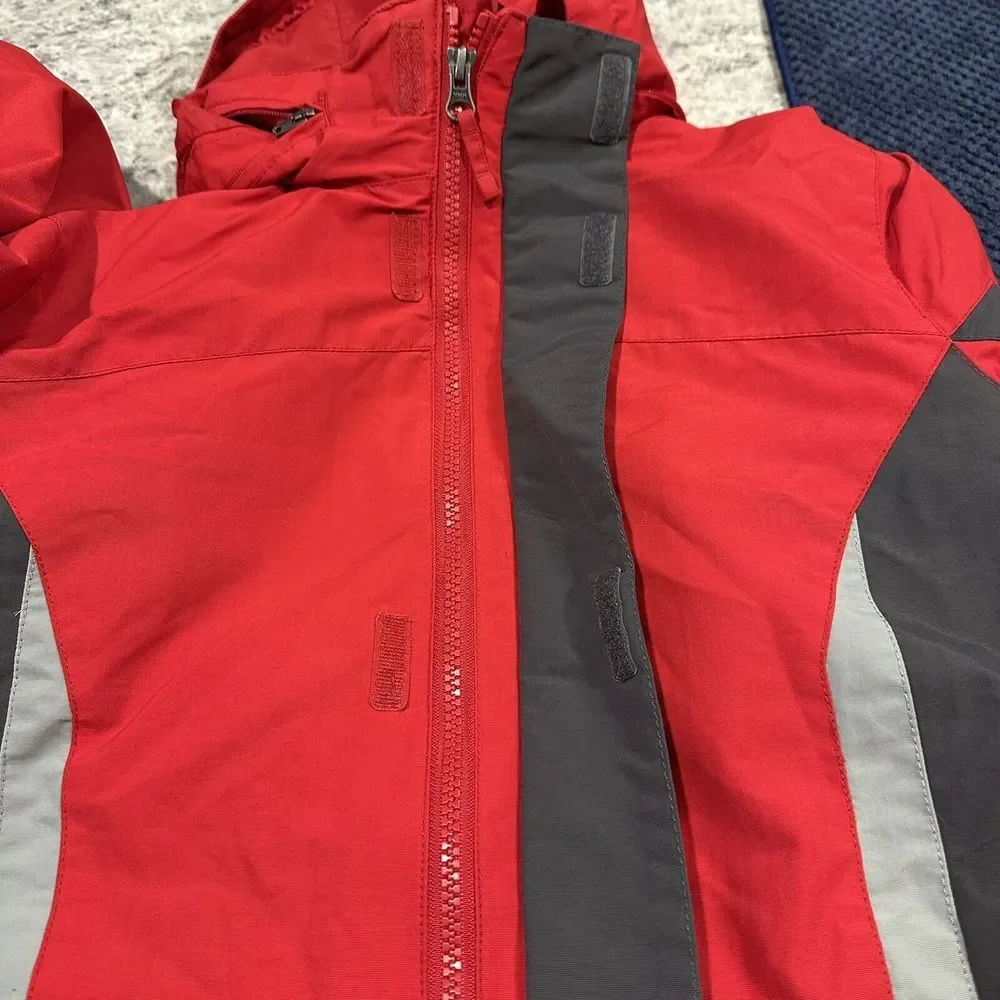 LL Bean Jacket Youth M10-12 Red‎ Gray Hooded Waterproof Shell  Item 277662